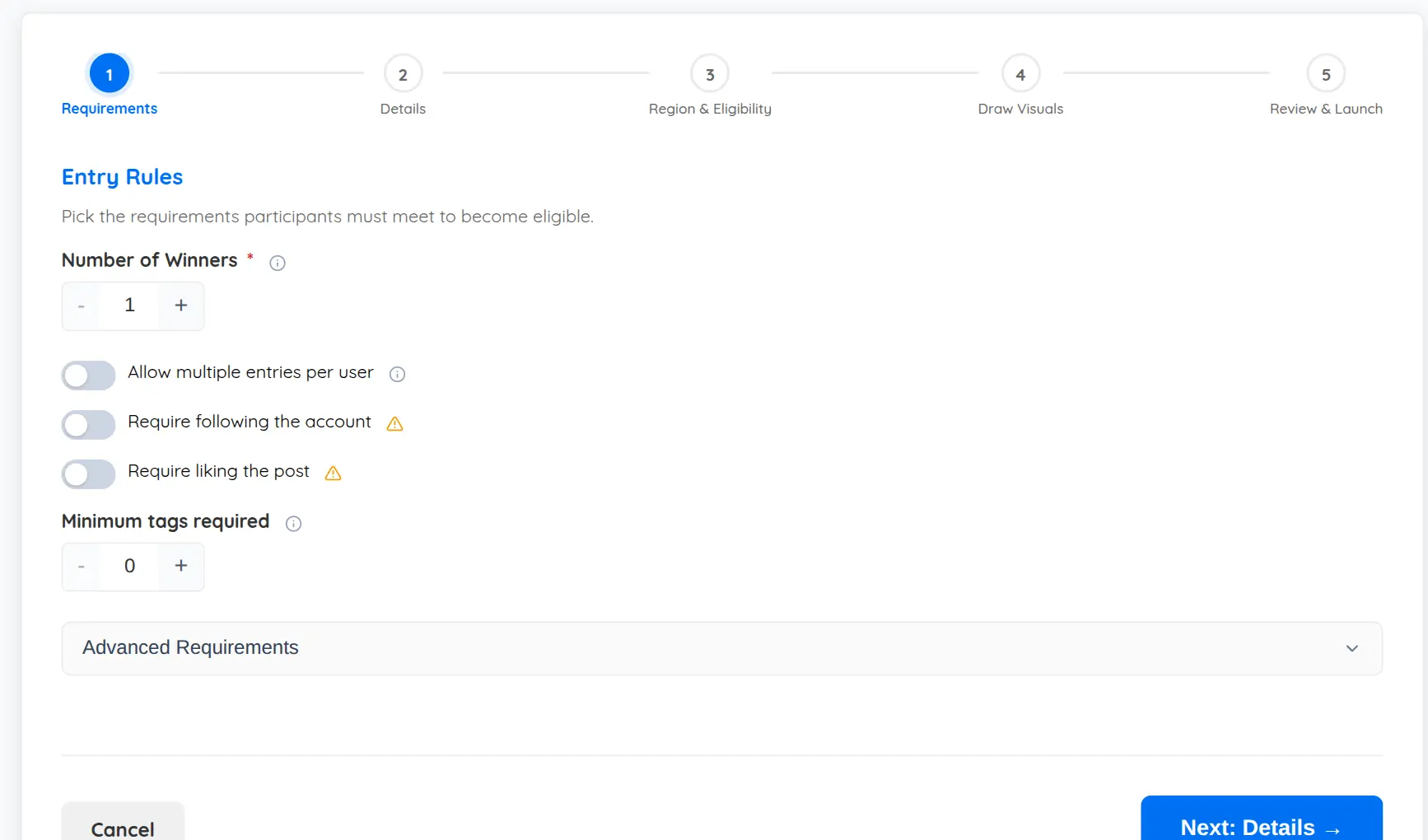 Giveaway entry rules and requirement filters configuration screen