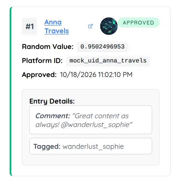 Winner management interface displaying verified winner comment and cryptographic draw value